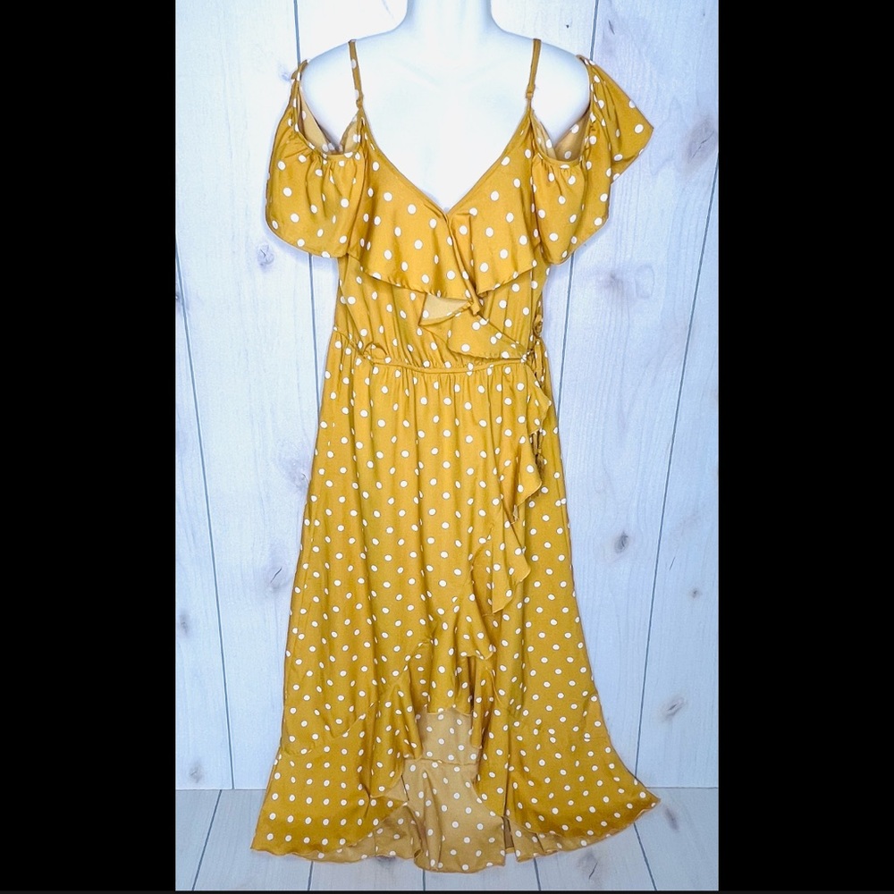 NWT Hint of Blush Yellow Polka Dot Off Shoulder Ruffle Hi Low Dress XLarge